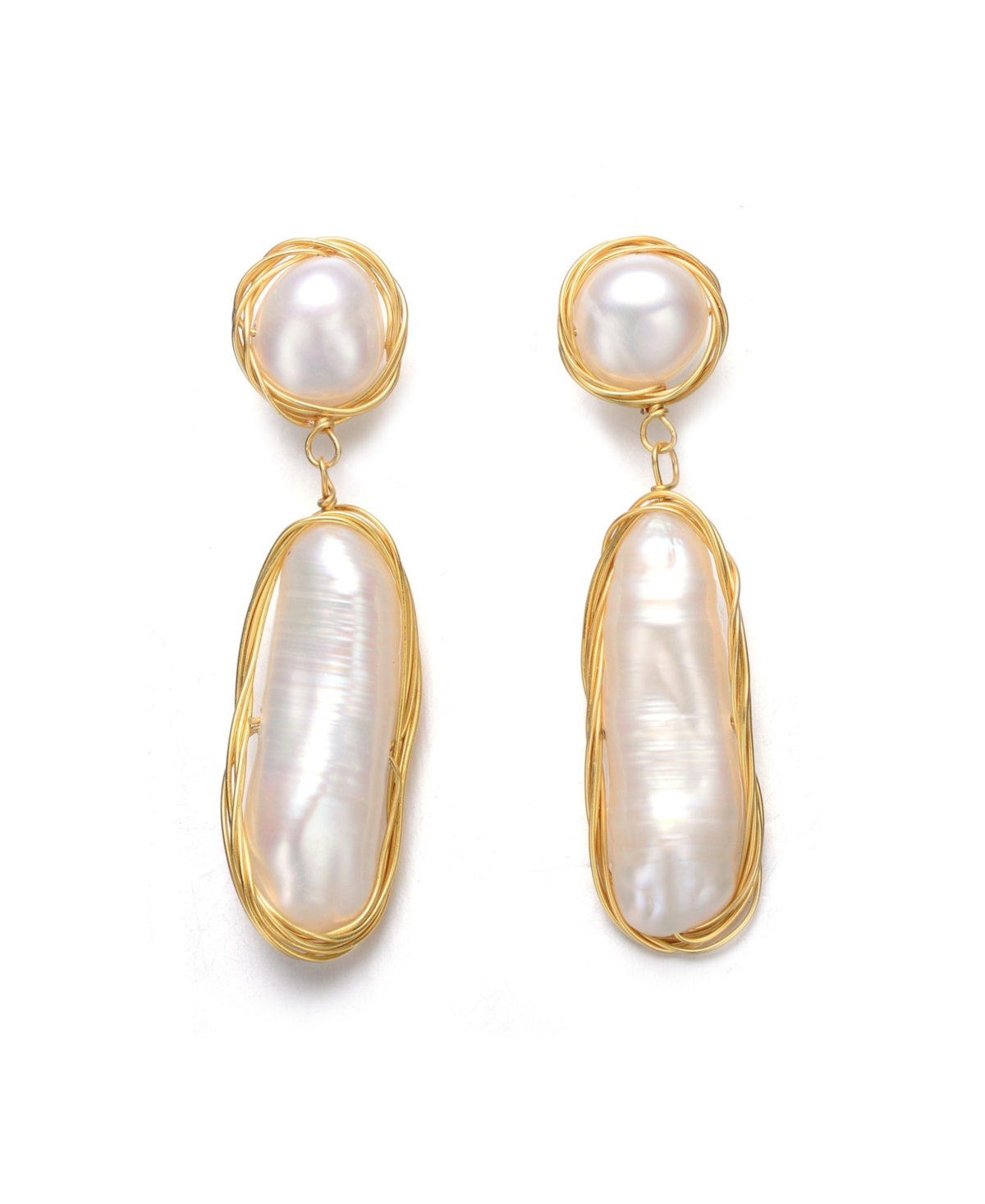 Sterling Silver with 14K Gold Plated and 2 Genuine Freshwater Pearl Dangling Earrings - Gold