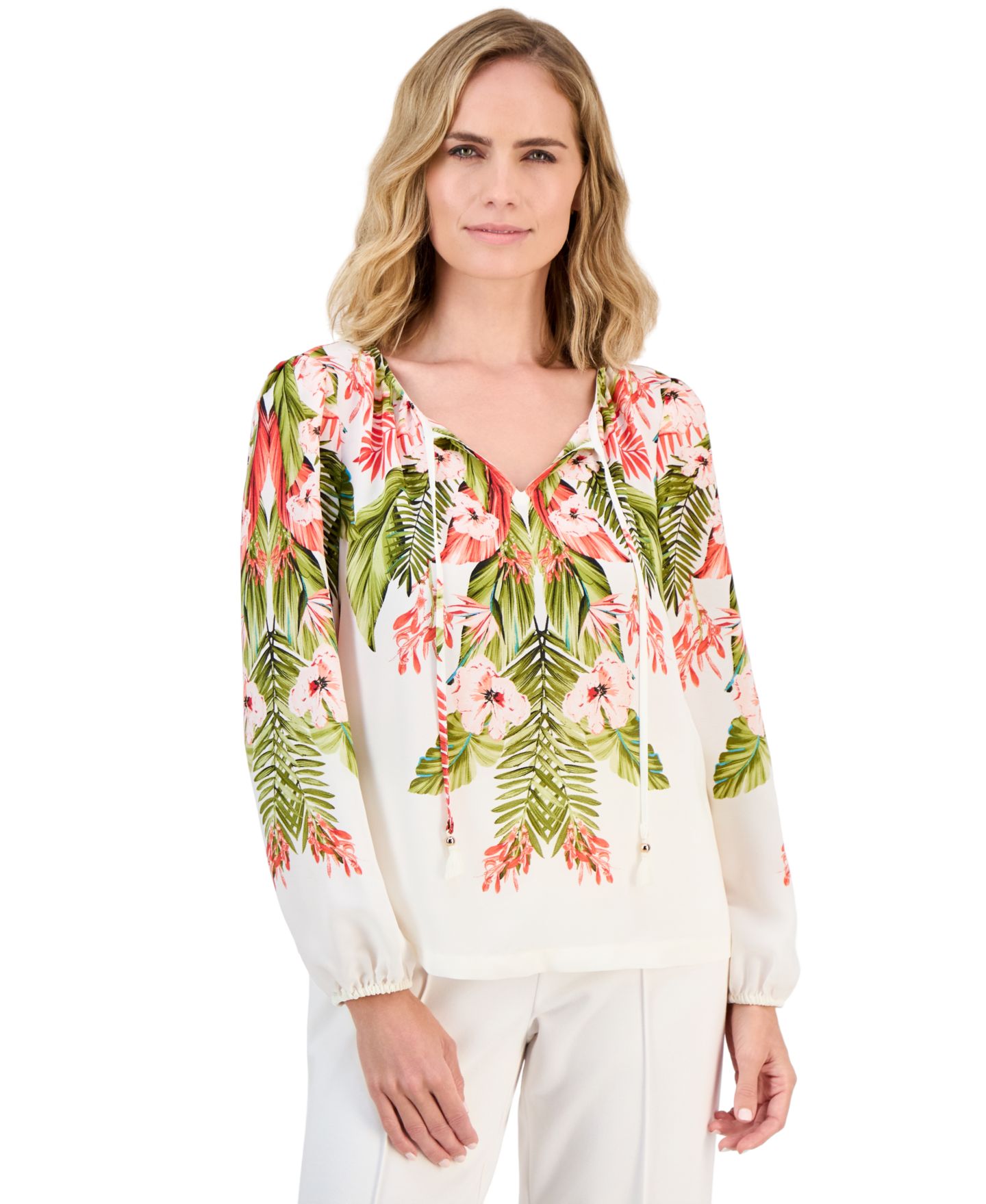 Женский топ JM Collection Petite Tropical Shirred Tie-Front, цвет: Sugar Swizzle — фото 1