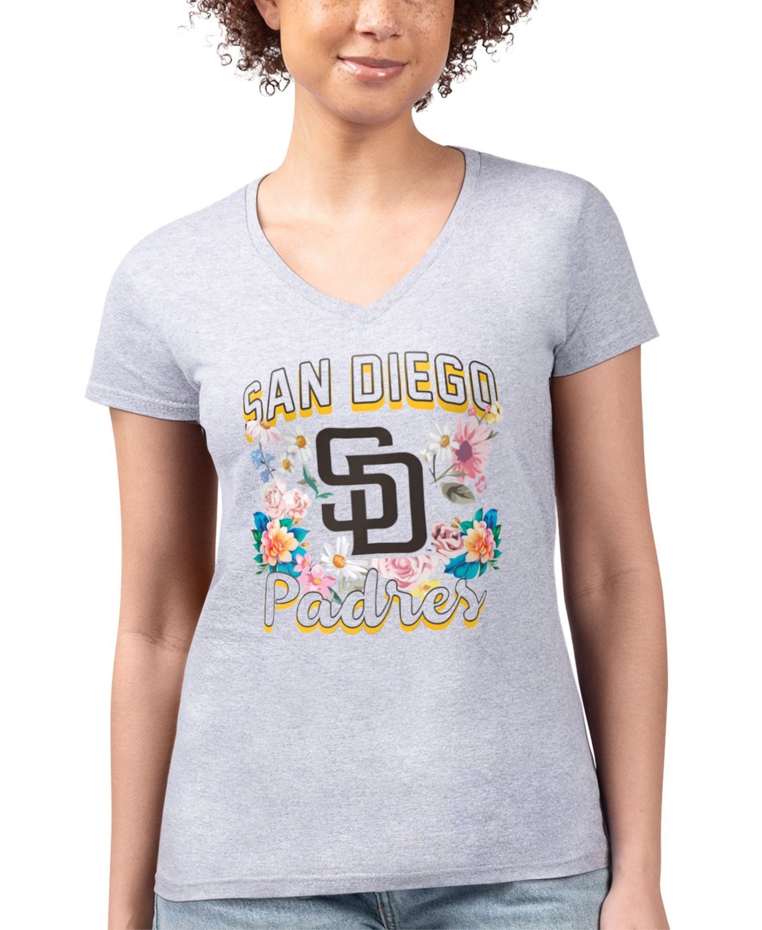 Women's Heather Gray San Diego Padres Super-Slim Fit Lightweight Flowers Graphic V-Neck T-Shirt