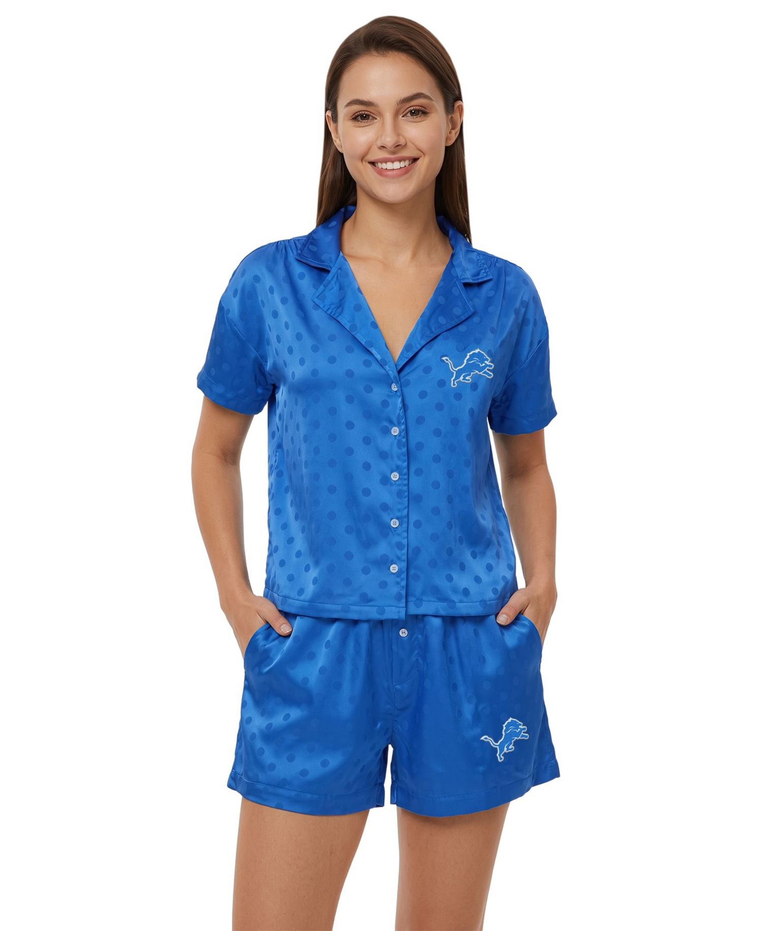 Women's Blue Detroit Lions Wink Dot Satin Jacquard Sleep Set
