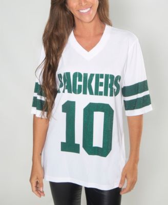 Women's Cuce Jordan Love White Green Bay Packers Crystal V-Neck Tunic