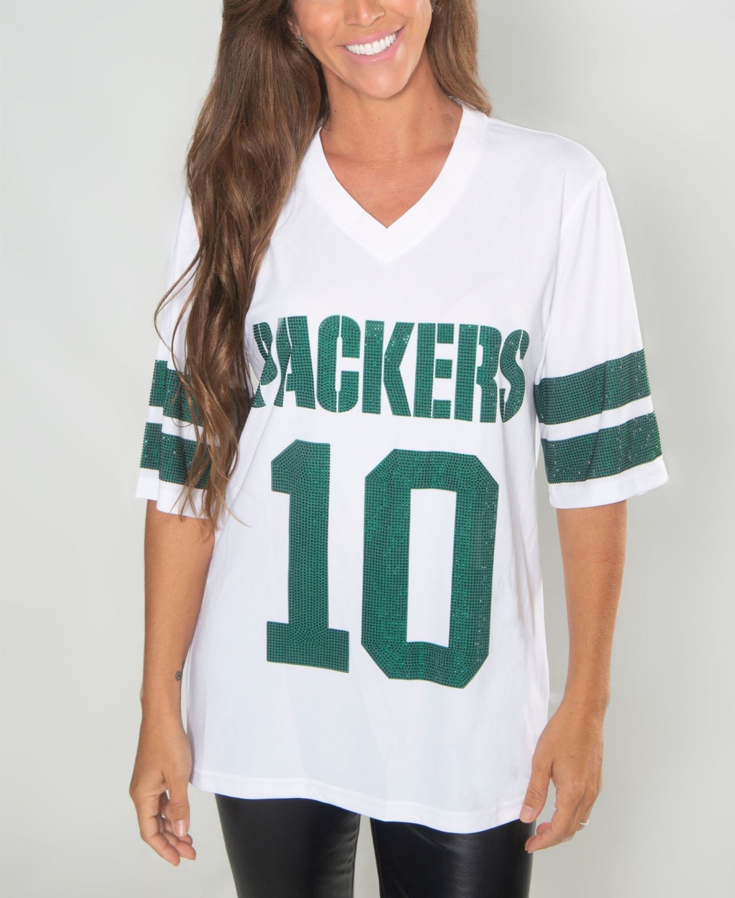 Women's Cuce Jordan Love White Green Bay Packers Crystal V-Neck Tunic