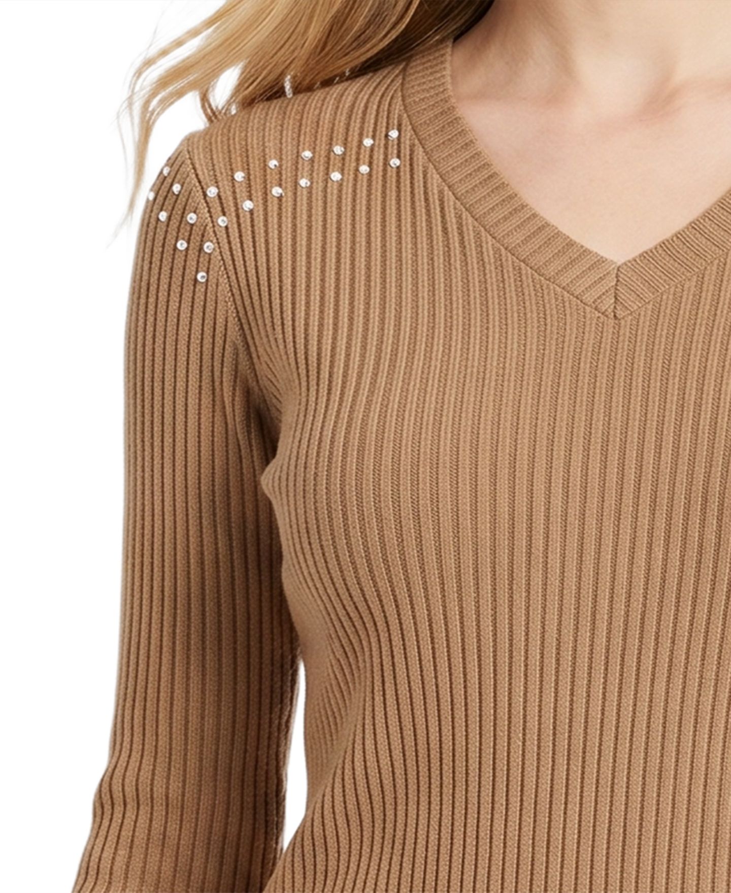 Женский свитер NY Collection Long-Sleeve Ribbed V-Neck, цвет: Cafe — фото 3