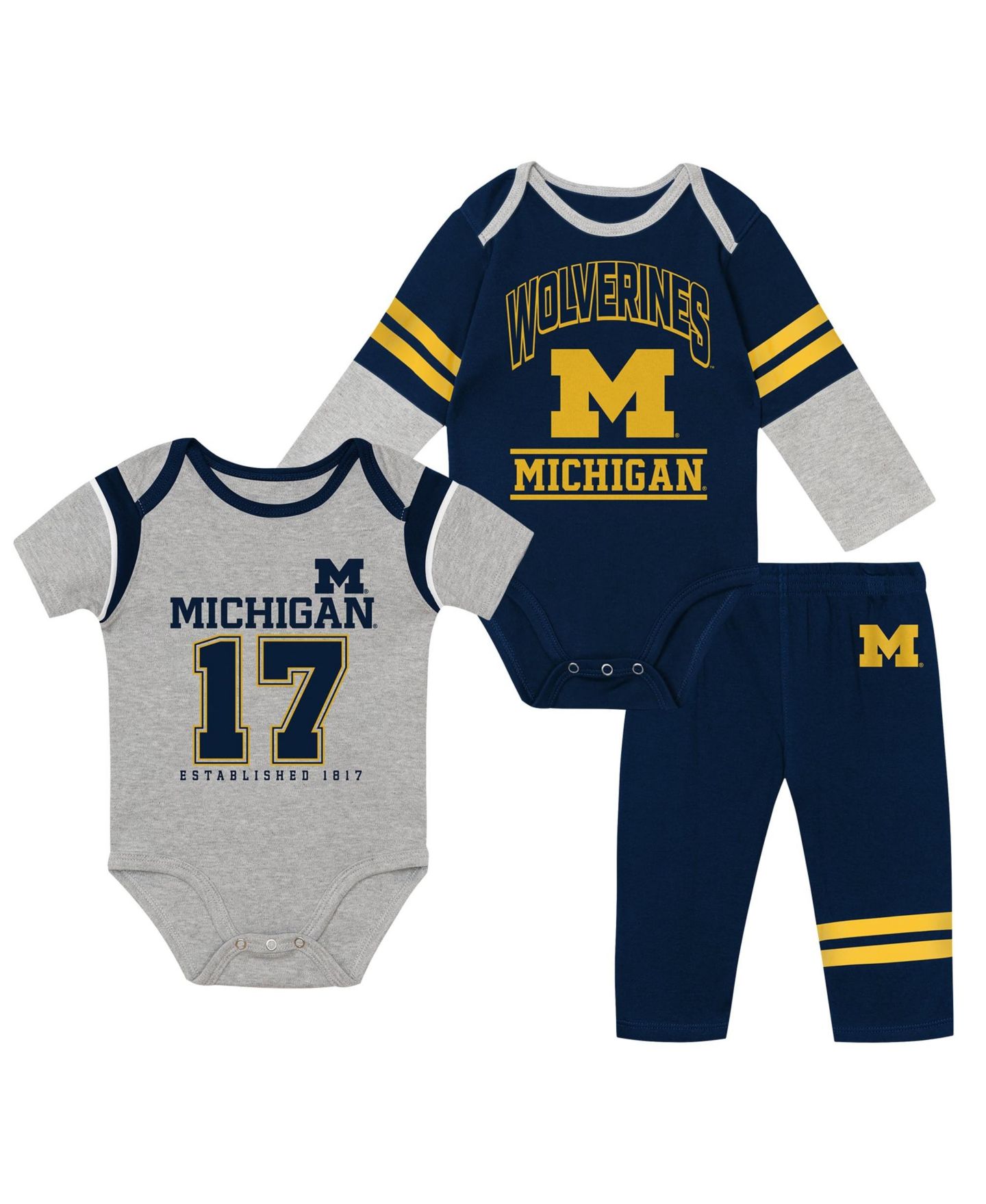 Детский комплект Outerstuff Baby Boys and Girls 3-Piece Michigan Wolverines Double Up Bodysuits & Pants Set — фото 1