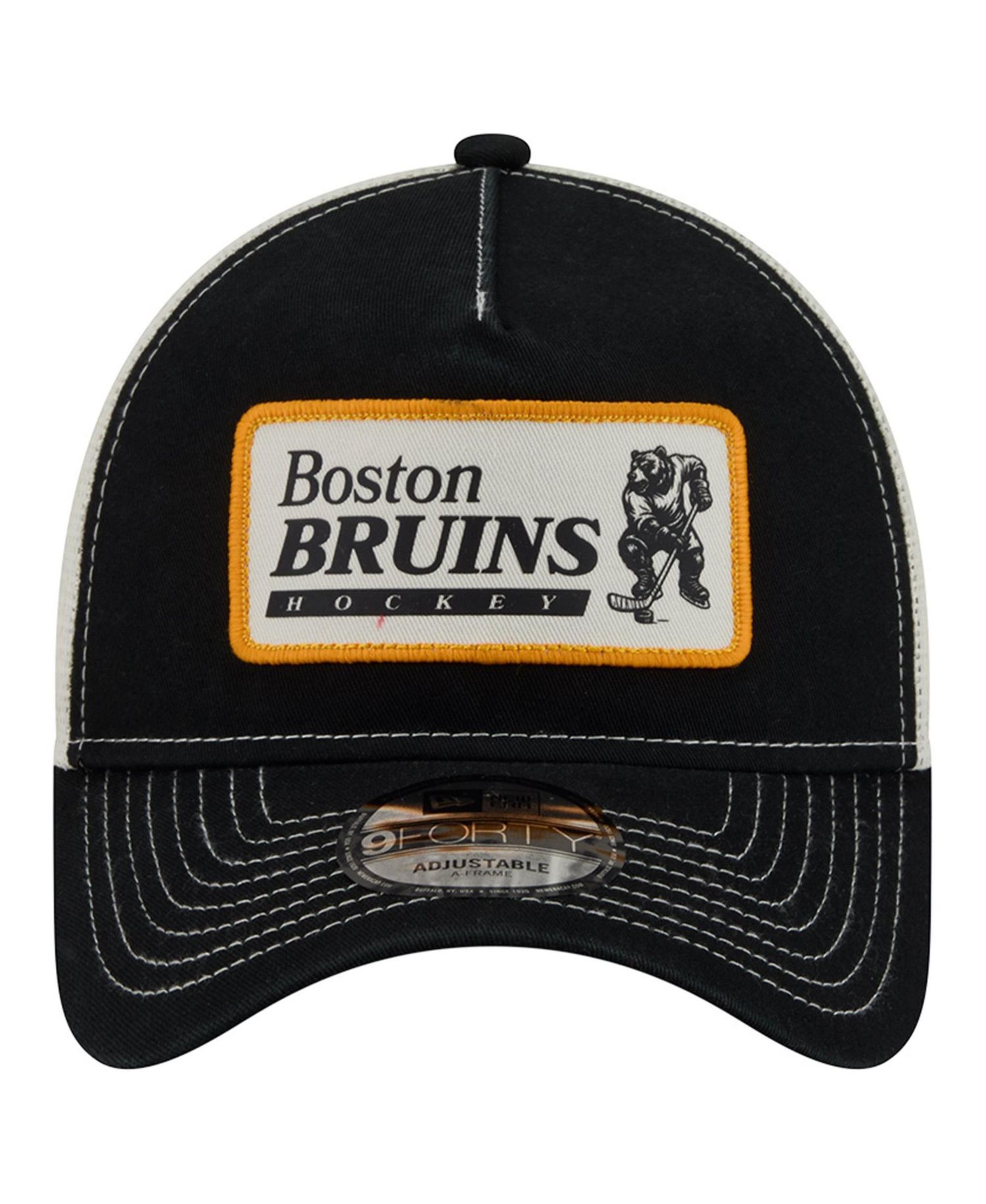 Men's Black/White Boston Bruins Skater Patch A-Frame 9FORTY Adjustable Trucker Hat