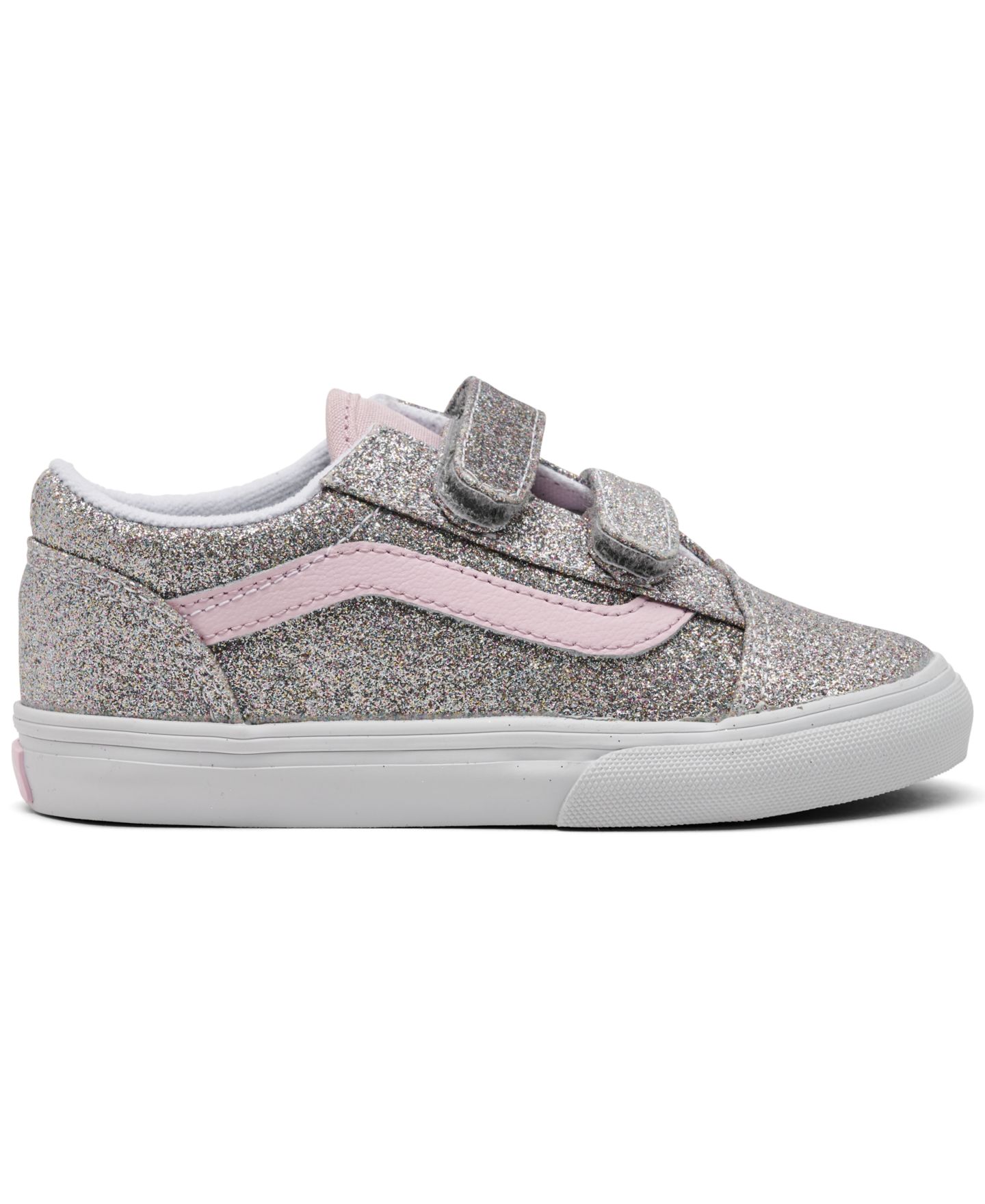 Детские низкие кеды Vans Old Skool V с блёстками на липучках для девочек, Finish Line, цвет: Серебристый / Розовый — фото 2