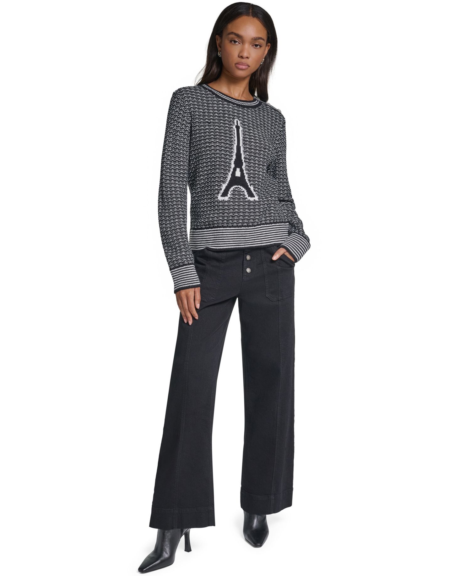 Women's Eiffel Tower-Graphic Crewneck Long-Sleeve Sweater