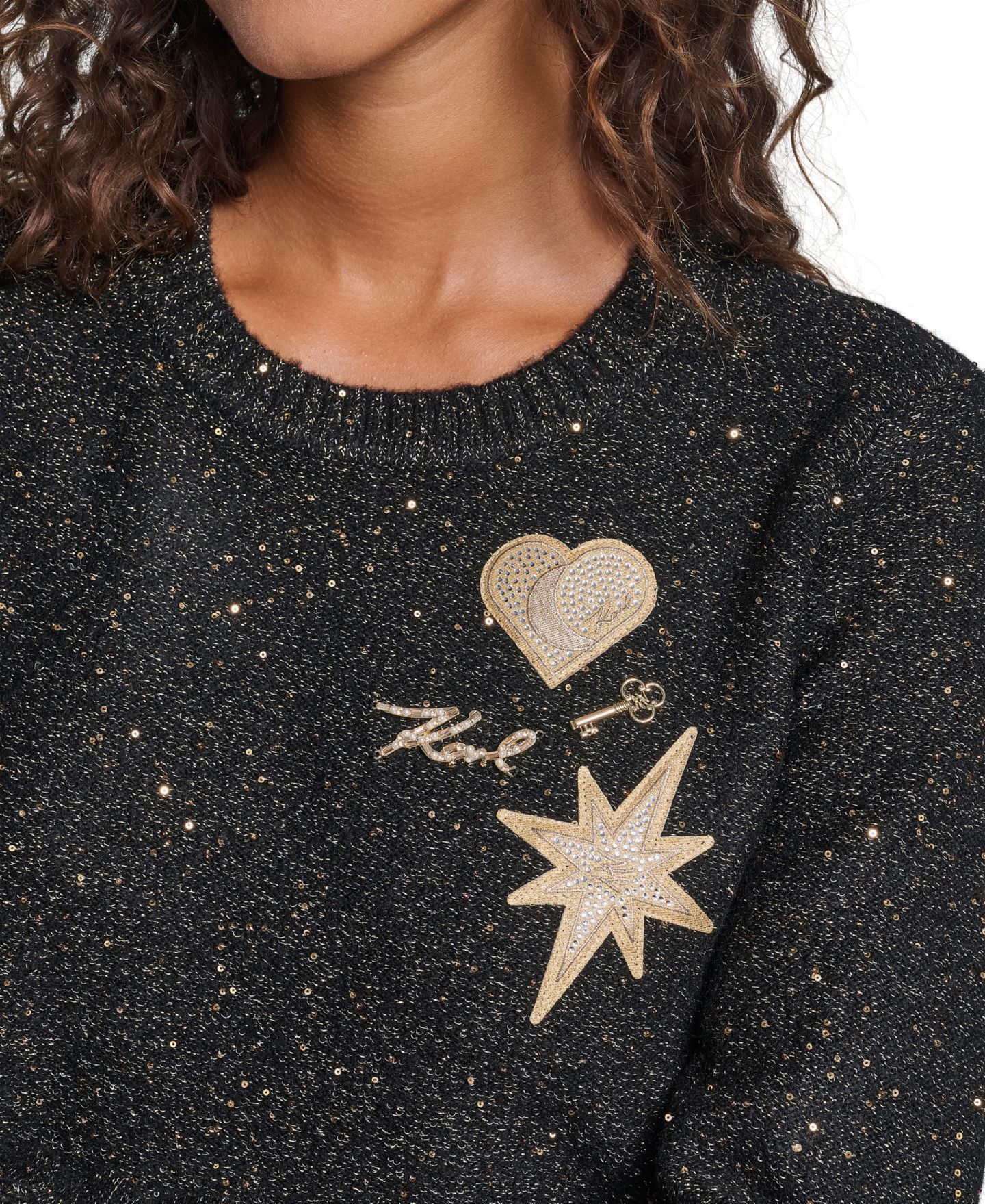 Женский свитер KARL LAGERFELD PARIS Whimsy Crewneck Long-Sleeve Metallic, цвет: Чёрный / Золотой — фото 5