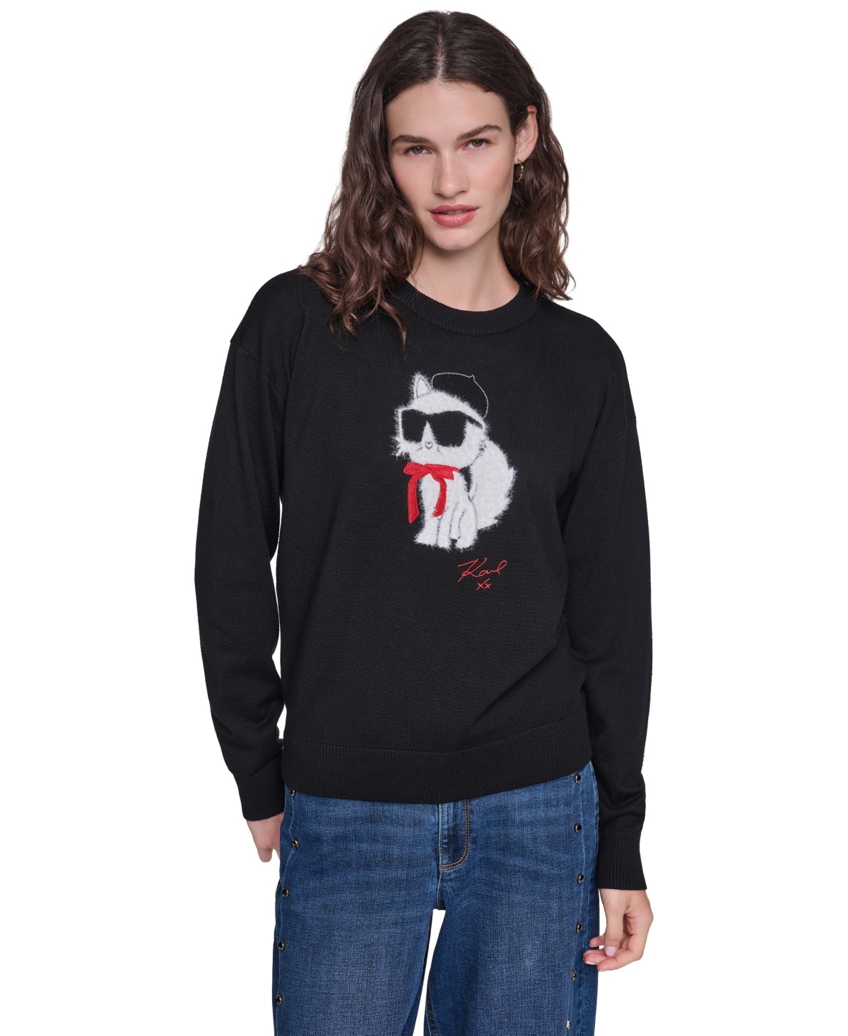 Karl Lagerfeld Paris Women's Choupette in Beret Fitted Graphic Crewneck Pullover Sweater - Black