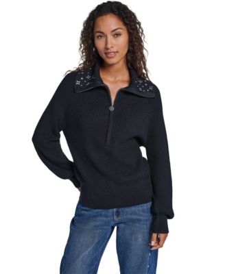 Women's Crystal Full-Zip Long-Sleeve Gem-Embellished Sweater
