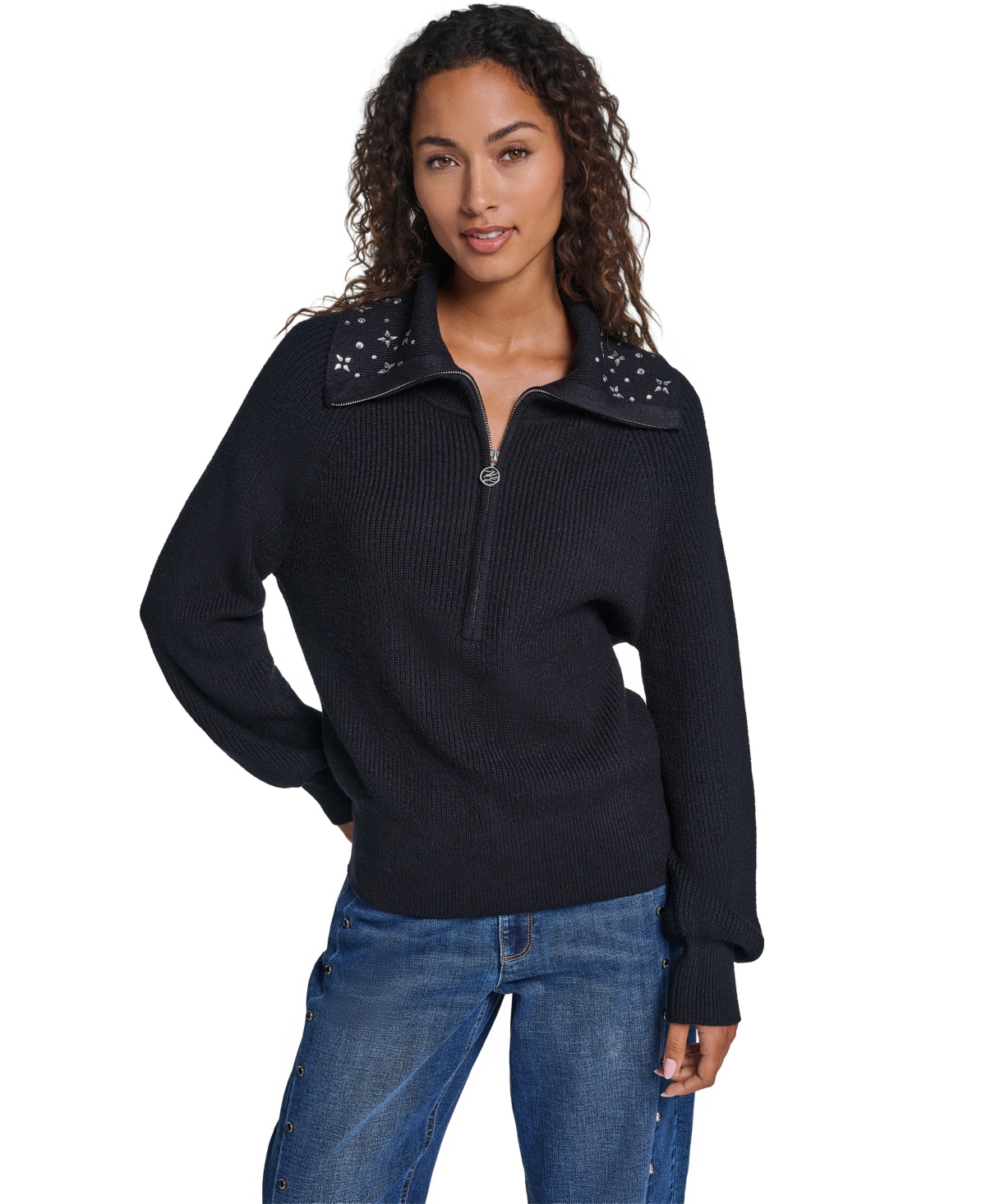 Karl Lagerfeld Paris Women's Crystal Full-Zip Long-Sleeve Gem-Embellished Sweater