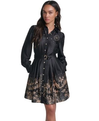 Women's Placed-Print Satin Long-Sleeve Dress