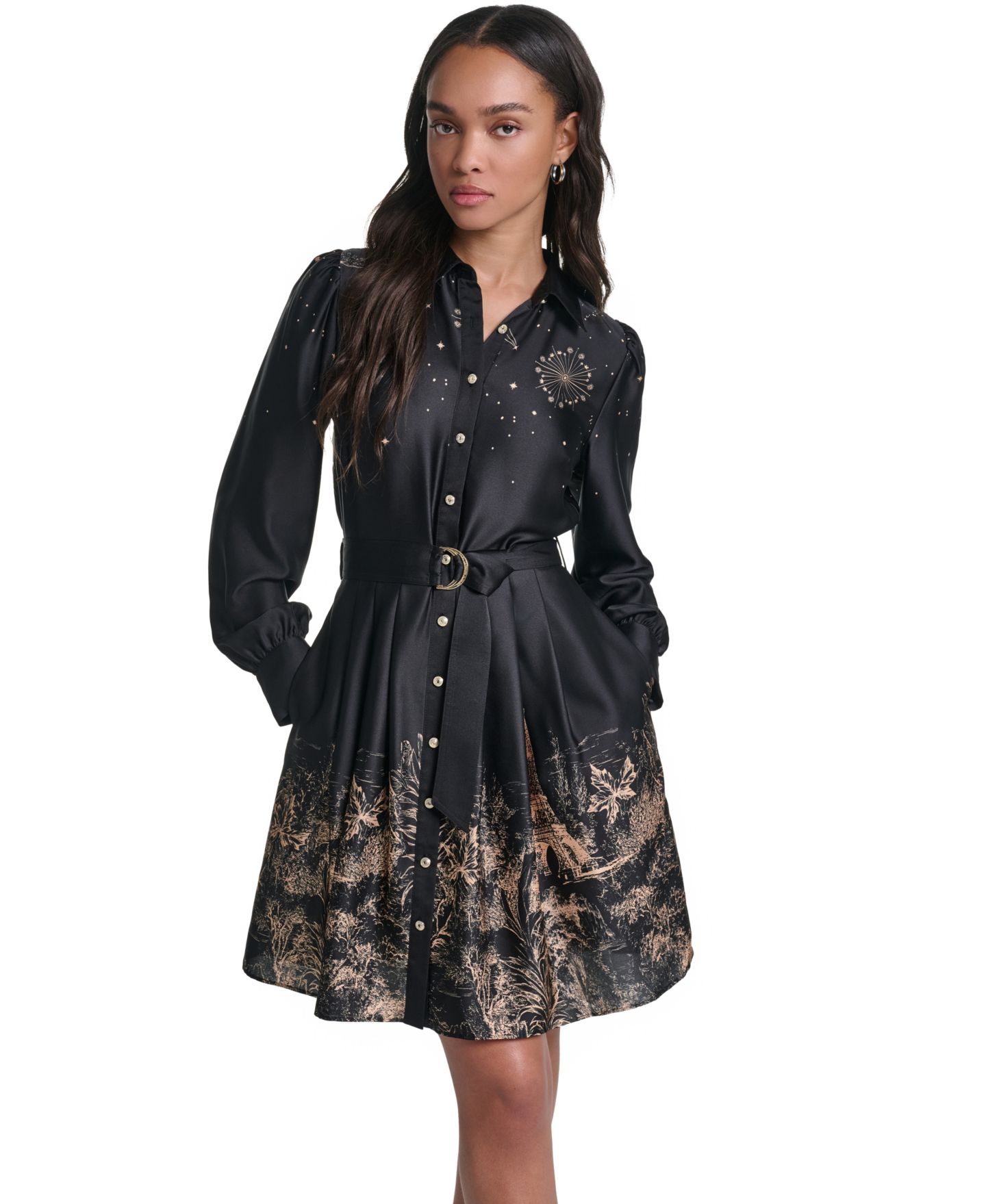 Женское платье Karl Lagerfeld Paris Placed-Print Satin Long-Sleeve, цвет: Чёрный / Золотой — фото 1
