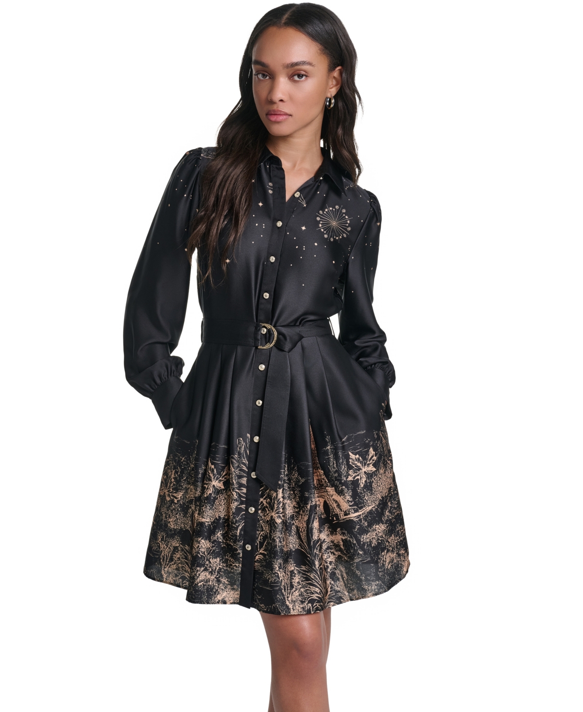 Karl Lagerfeld Women's Placed-Print Satin Long-Sleeve Dress