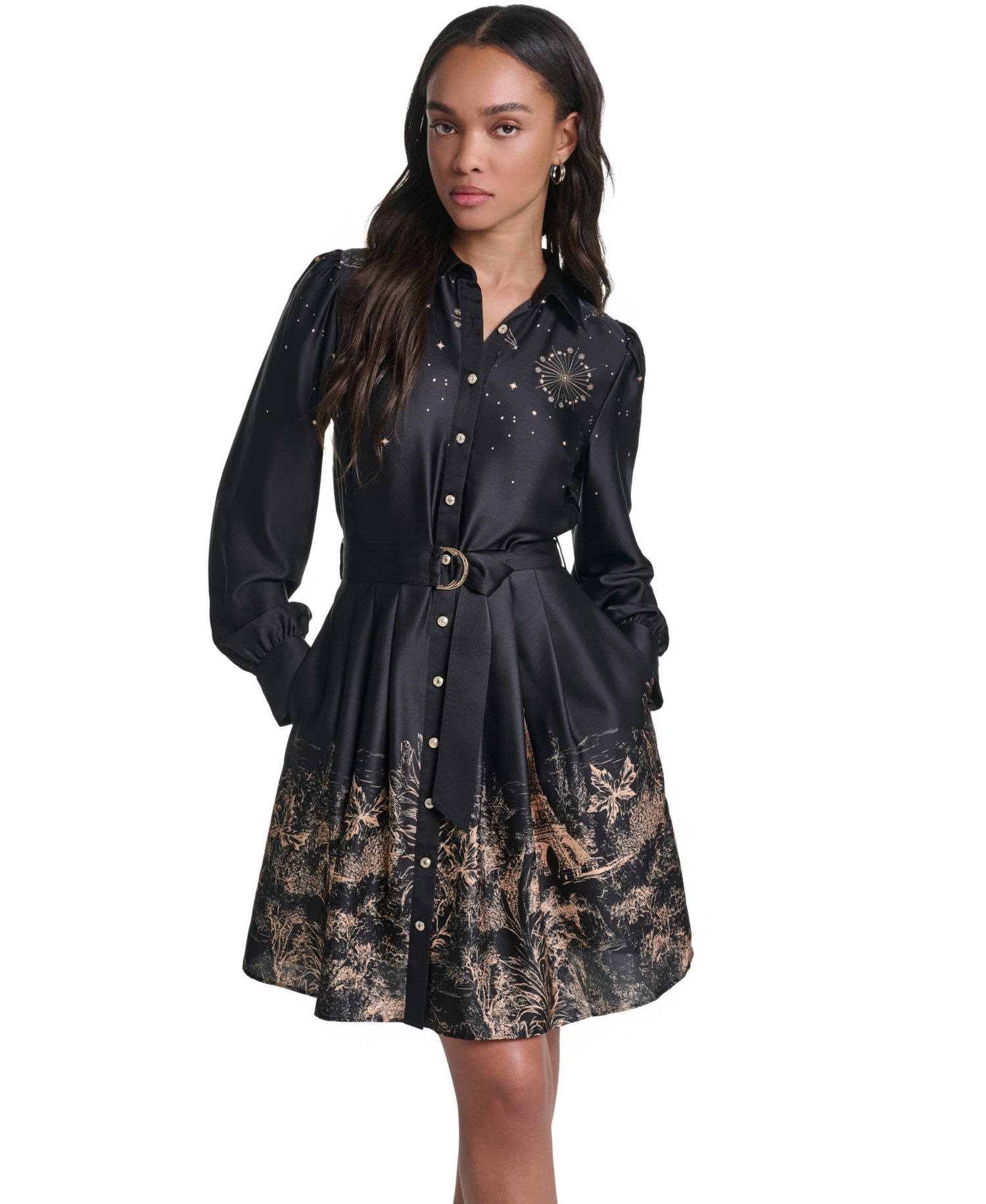 Women's Placed-Print Satin Long-Sleeve Dress