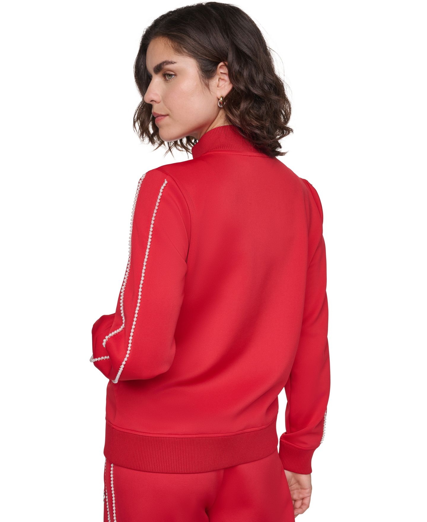 Женская куртка KARL LAGERFELD PARIS Pin and Bow Imitation Pearl-Trim Zip-Up, цвет: Красный — фото 5