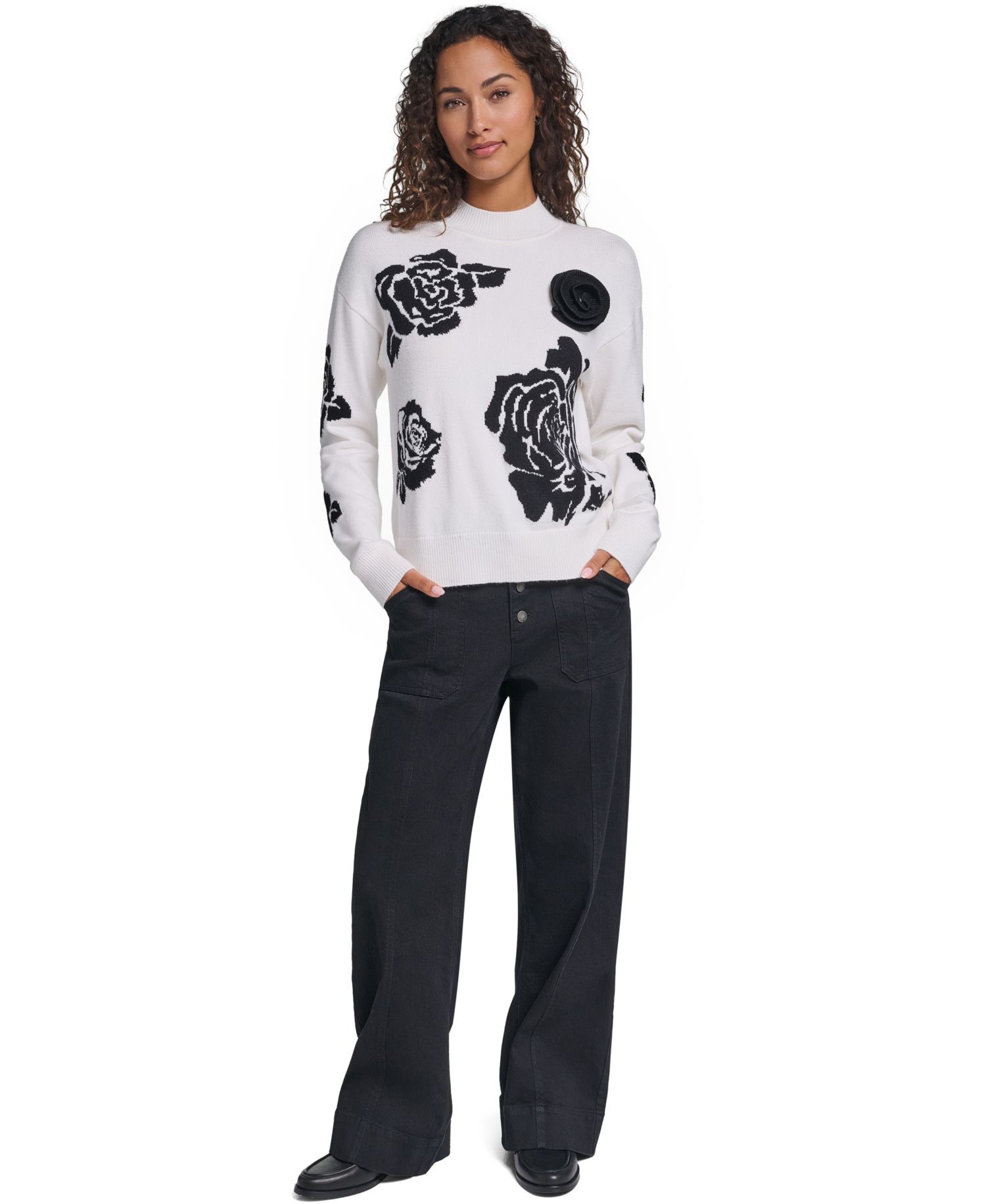 Women's Mock-Neck Long-Sleeve Floral Sweater