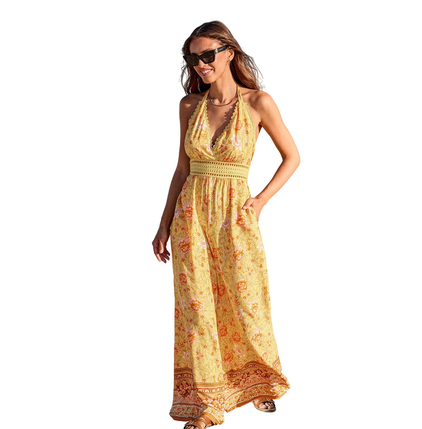 Женский комбинезон Cupshe Halter Neck Floral Jumpsuit, цвет: Оранжевый — фото 5