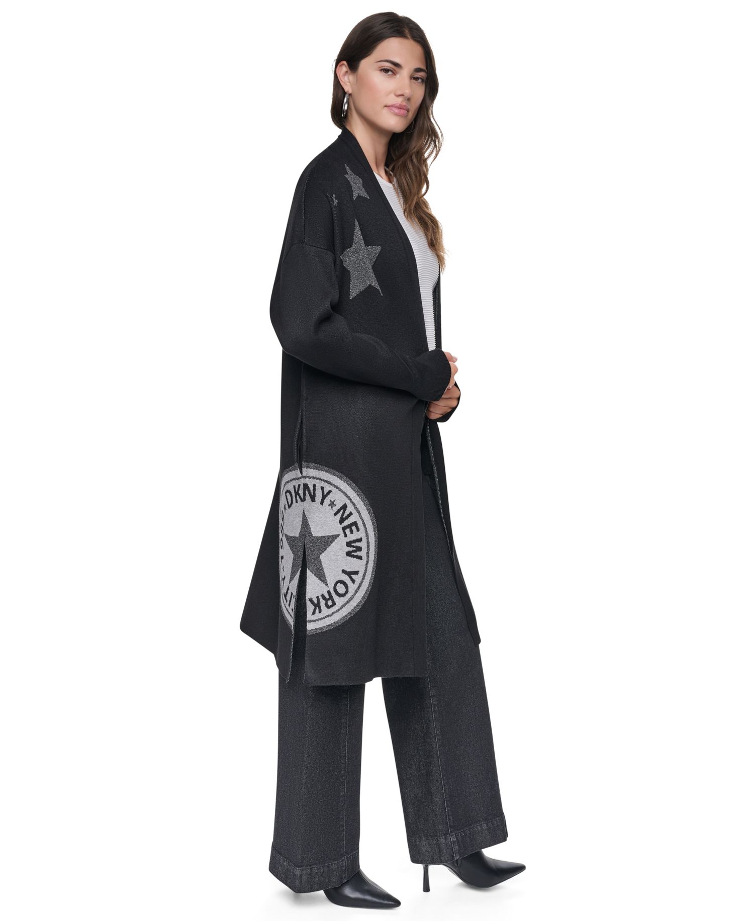 Women's Oversized Lurex Patch Open Front Cardigan Sweater