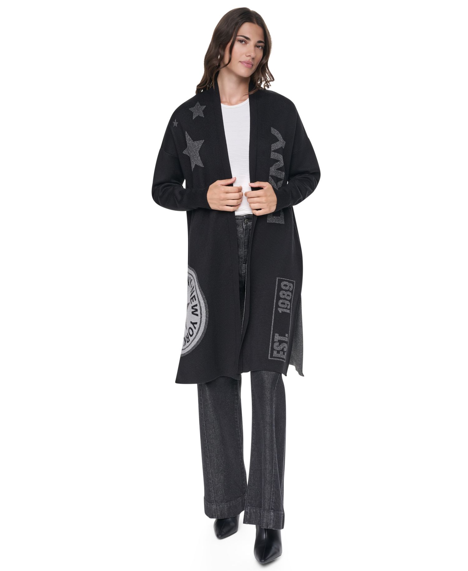Women's Oversized Lurex Patch Open Front Cardigan Sweater