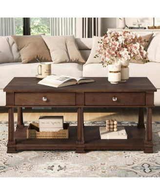 Farmhouse Wooden Coffee Table with 2 Drawers and Shelf