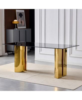 70" Modern Glass and Gold Stainless Steel Rectangular Dining Table