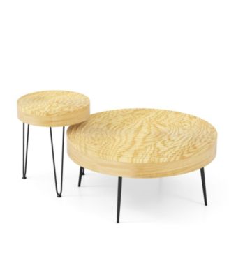Set of 2 Solid Wood Ring Pattern Farmhouse Round Coffee Tables