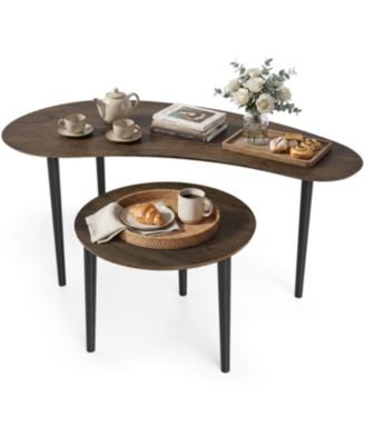 2 Pieces Mid Century Nesting Tables with Rubber Wood Legs