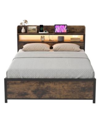LED Bed Frame with Power Outlets and Storage Headboard Queen Size
