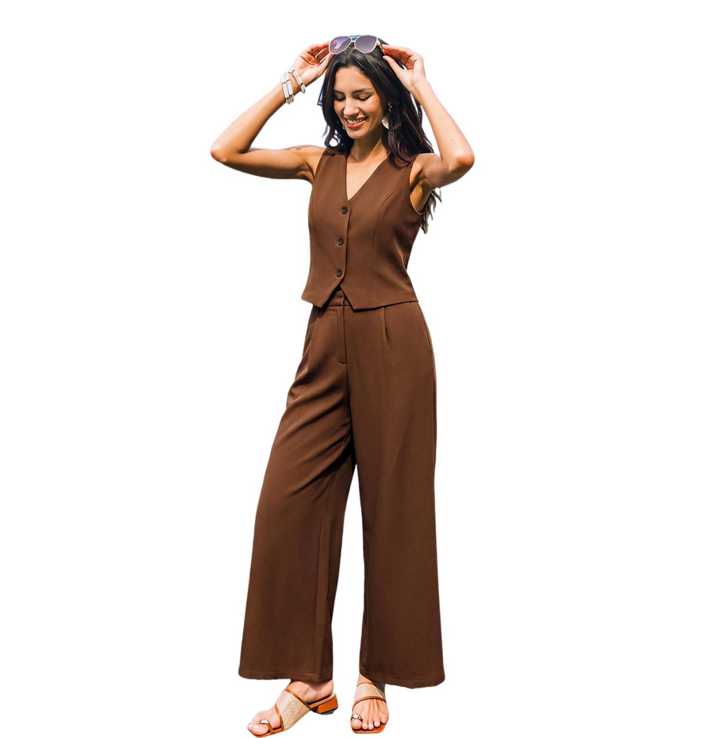 Женский комплект Cupshe Tailored V-Neck Vest and Wide-Leg Pants, 2-Piece Set, цвет: Коричневый — фото 3