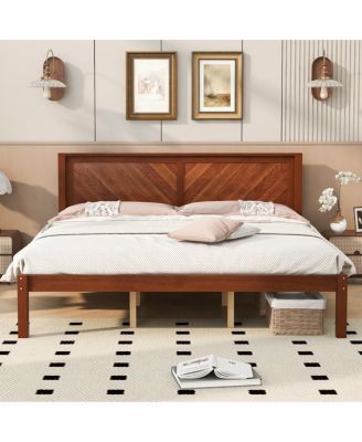 King Size Solid Wood Platform Bed Frame with Herringbone Headboard