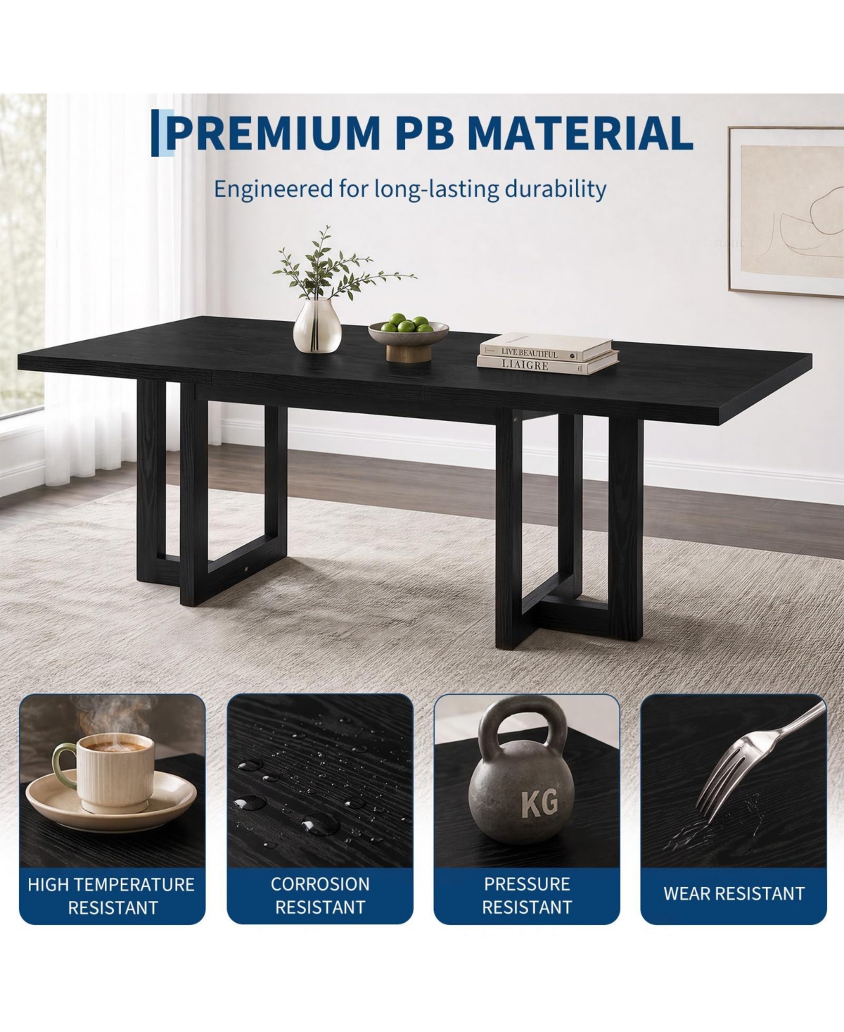 71 Inch Rectangular Dining Table With H Shaped Legs and Thick Wood Grain Top, Seats 6 8 Diners, Farmhouse Style For Kitchen Room