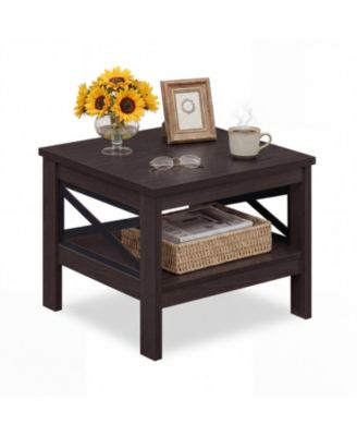 2 Tier Square Side Table with Storage Shelf and X Frame for Bedroom Living Room