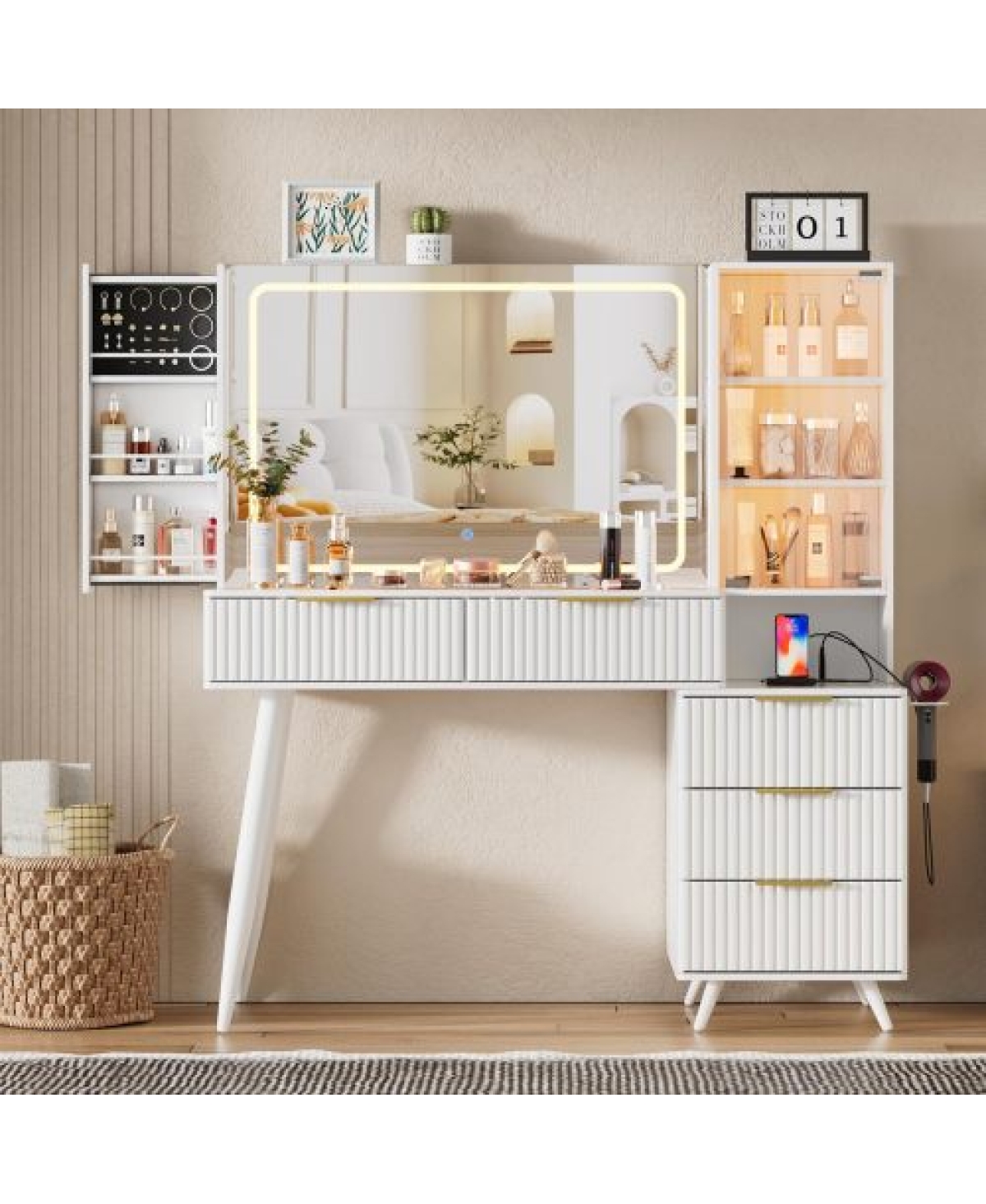 Streamdale Furniture Streamdale Makeup Vanity Desk with Mirror, Lights and Fluted Panel