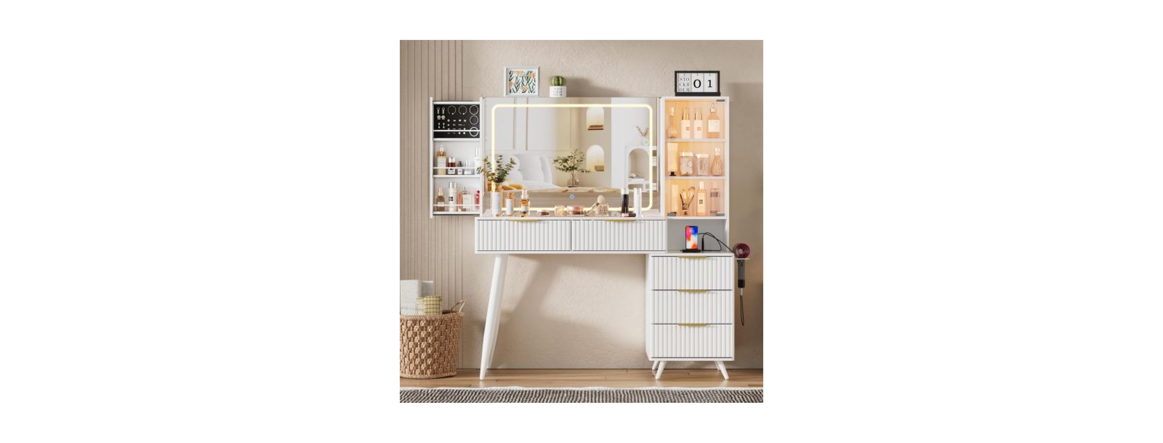 Streamdale Furniture Streamdale Makeup Vanity Desk with Mirror, Lights and Fluted Panel