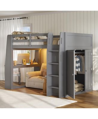 Full Size Loft Bed with Desk, LED Lights, Shelves and Wardrobe