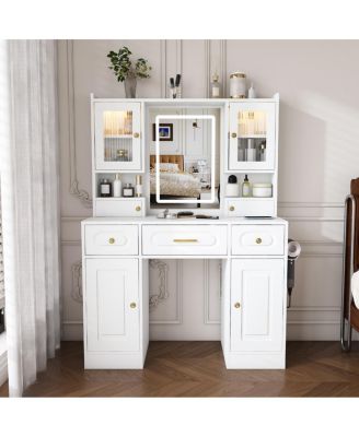 Large Vanity Table Set with Mirror Lights Drawers and Power Outlet