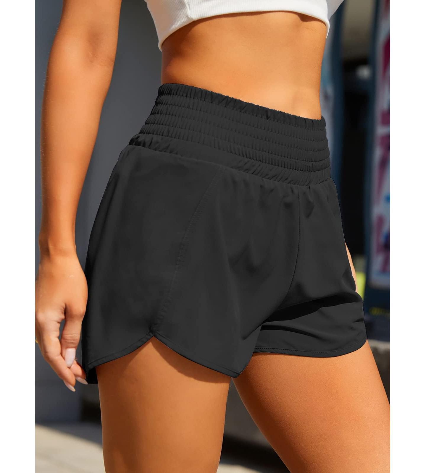 Женские шорты Furlihong Women High Waisted Athletic Shorts Quick Dry Zipper Pocket Double Layer, цвет: Чёрный средний — фото 2