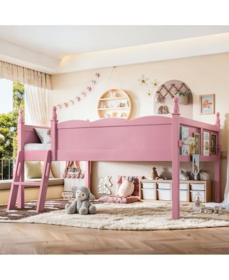 Full Size Wood Low Loft Bed with Bookshelf and Ladder
