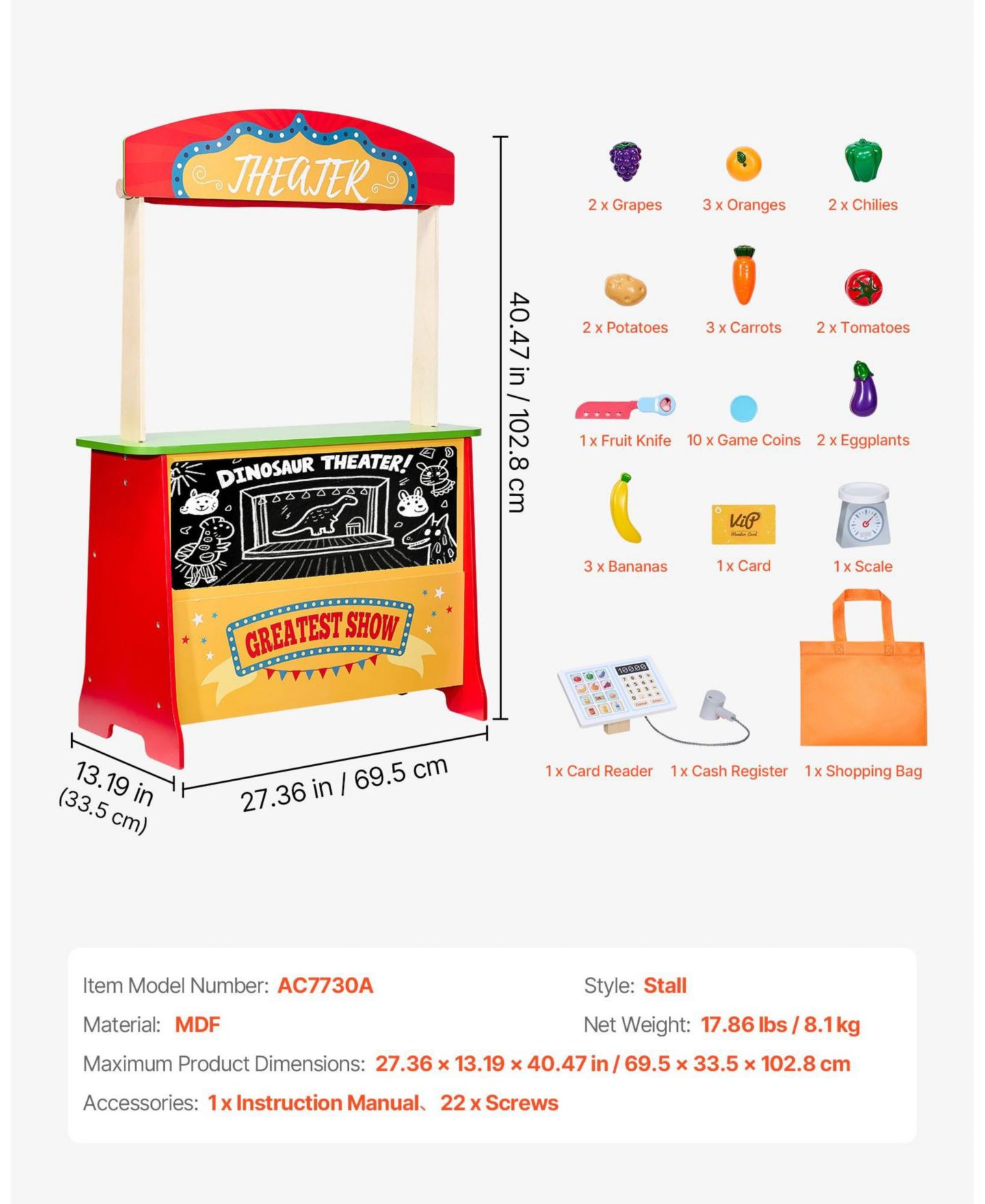Детский игровой набор Mecale Puppet Theater and Grocery Store 2-in-1 Reversible 35-Piece Playset, Ages 3+, цвет: Красный — фото 8