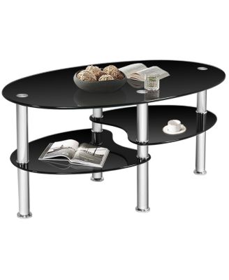 Tempered Glass Oval Coffee Table with 2 Lower Shelves