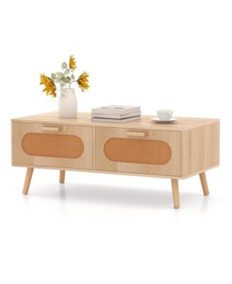 Rattan Coffee Table Mid Century Modern Center Table with 2 Storage Drawers