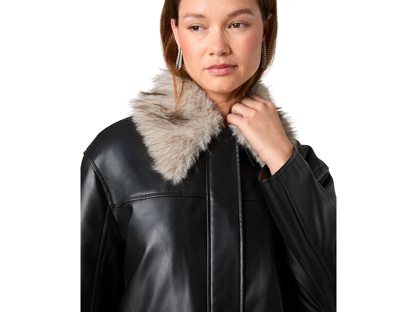 Женское пальто French Connection Dessa Faux Leather Faux Fur Collar, цвет: Чёрный — фото 4