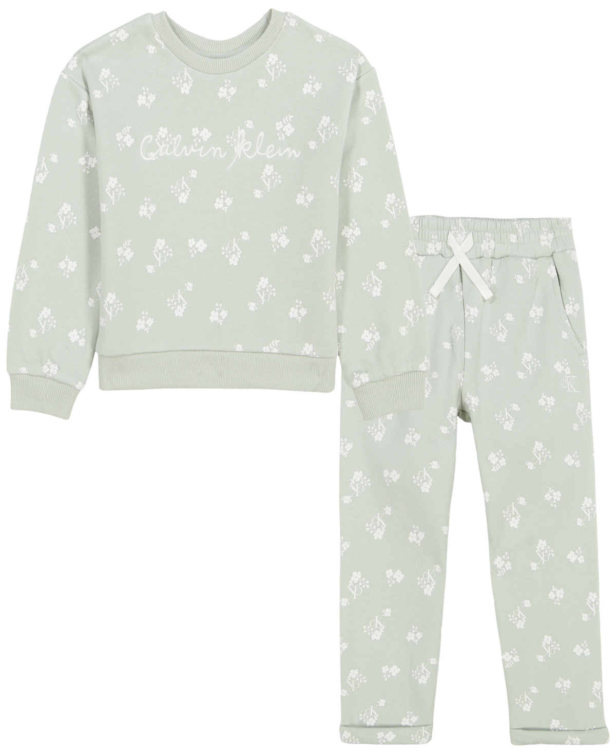 Calvin Klein Girls' Floral-Print Long-Sleeve Sweatshirt and Jogger Pants, 2-Piece Set - Mercury