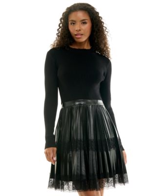 Juniors' Long-Sleeve Crewneck Pleated Faux Leather Sweater Dress