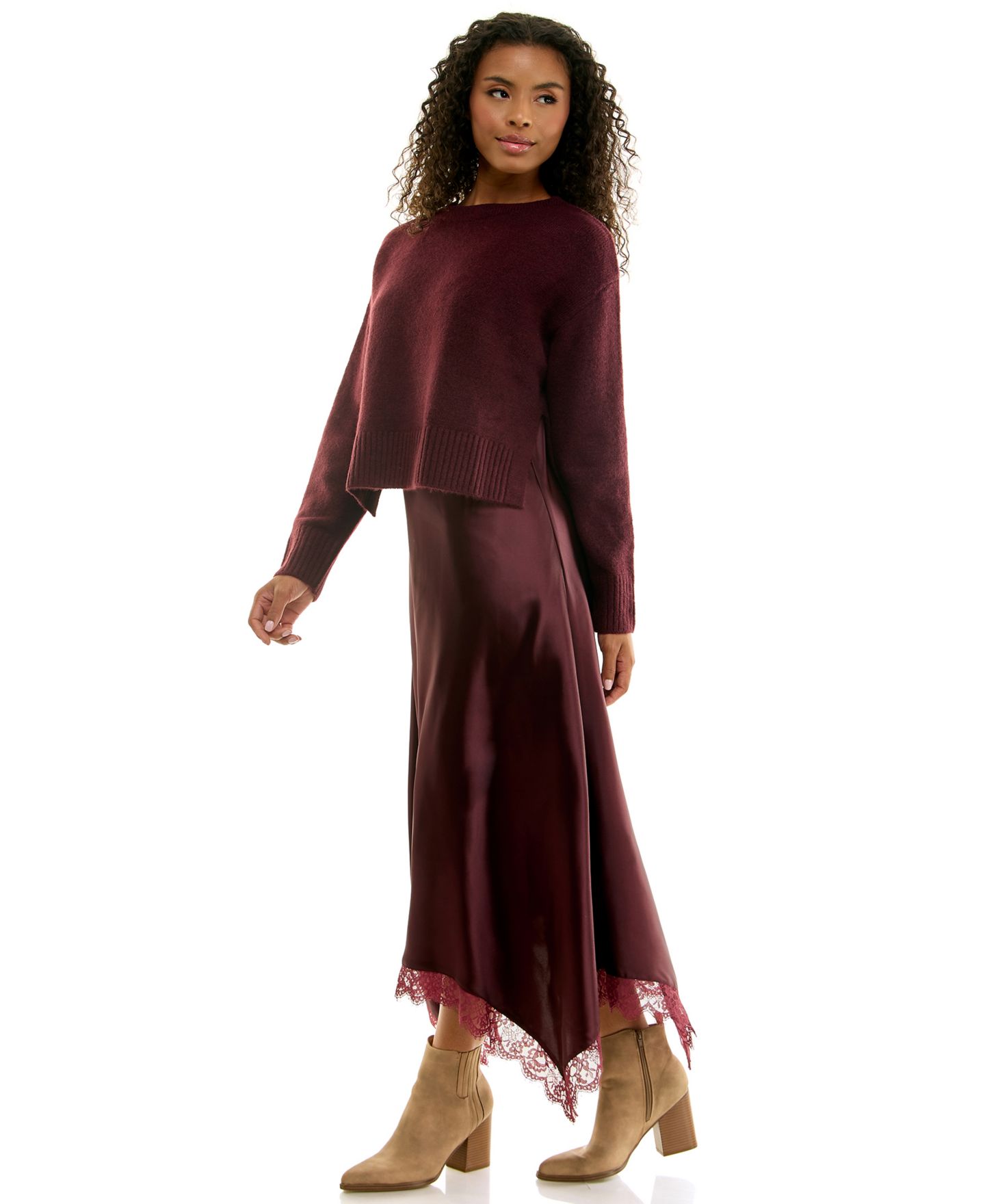 INVITEE Juniors' Crewneck Lace-Trim Long-Sleeve Sweater and Satin Maxi Slip Dress, 2-Piece Set, цвет: Винный — фото 3