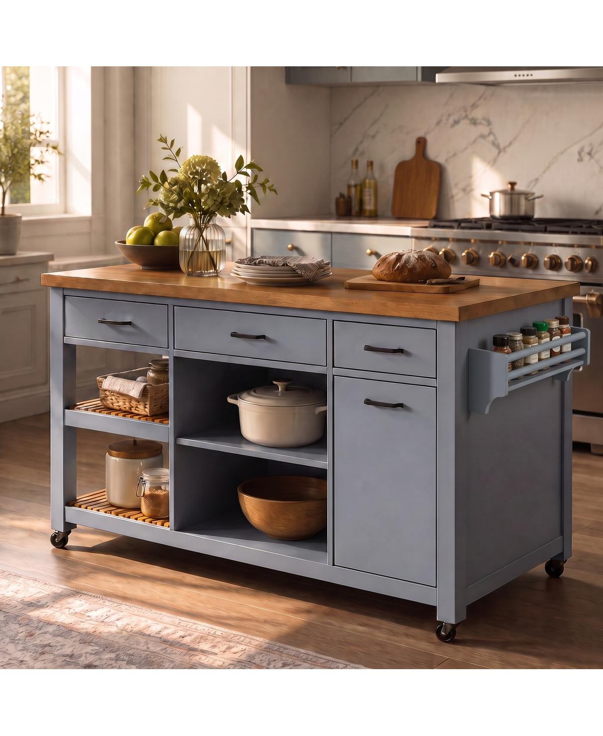 Streamdale Furniture Kitchen Island with Glass Door and Cabinet - Blue gray