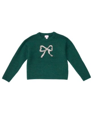 Girls' 7-16 Embroidered-Bow Crewneck Long-Sleeve Sweater