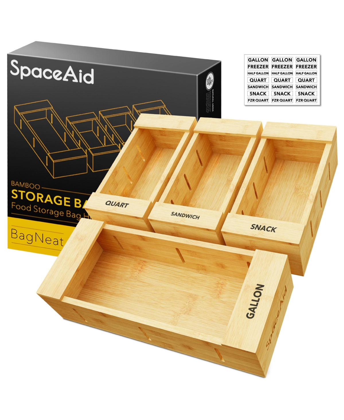 SpaceAid Bamboo Bag Storage Organizer for Kitchen Drawer,Compatible with Gallon/Quart/Sandwich/Snack Bags, 4 Pack