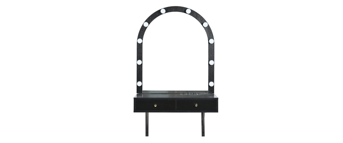 Flynama Floating Wall Mounted Vanity Desk with Led Mirror, 3 Color Lights, Power Outlet and Usb, Large Storage - Black finish.